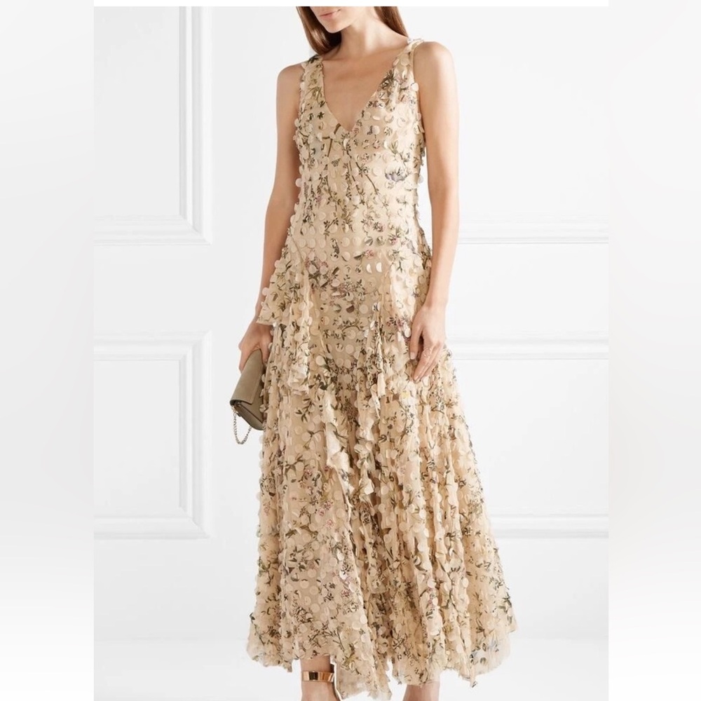 Zimmermann Maples Floral Silk Tiered Gown with 3D Appliqué Petals & Ruffles